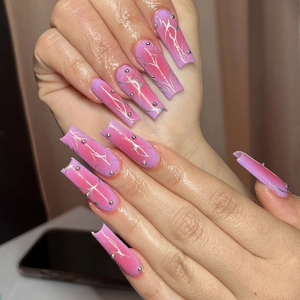 Long square press-on nails with pink purple gradient and silver metallic y2k details