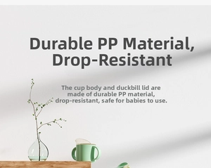 Detail of durable mint green PP training cup for toddlers with shatterproof handles