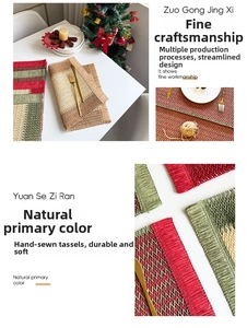 Detail of woven paper placemats with Christmas colors, fringe edges, and heat-resistant texture