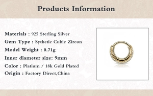 Technical specifications of 925 sterling silver piercing hoop with cubic zirconia details