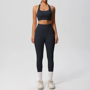 Front view of black double-sided brushed yoga set with sports bra and pocket leggings