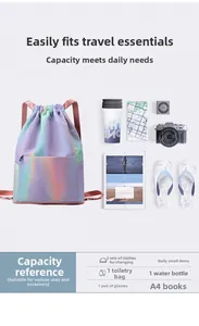 Detail showing the large capacity of the iridescent drawstring backpack with travel essentials