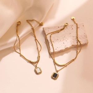 Luxury Stainless Steel Double Layered Bracelet For Women Gold Plated Snake Chain Square Bead Geometric Zirconia Pendant