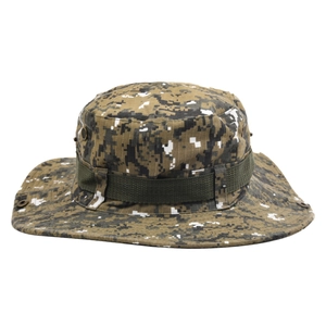 Detailed view of camo boonie hat featuring metal eyelets and tactical webbing strap