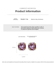Detail view of purple square rhinestone earrings with gold alloy and silver needle pins