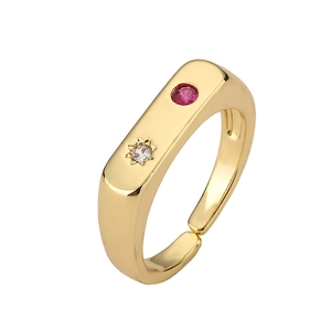 Geometric gold open ring featuring a rose red zircon and star-set white crystal