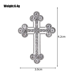 Silver cross brooch with sparkling rhinestones for suits, size 4.2cm by 3.0cm