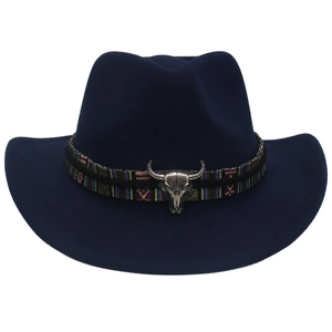 Western Cowboy Hat Wool Felt With Bull Head Skull And Ethnic Woven Band Retro Fedora For Outdoor Adventure