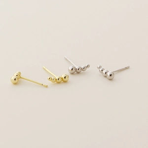 Minimalist S925 sterling silver triple bead stud earrings in gold and silver finishes