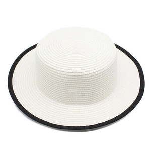 Boater Hat Woven Straw Wide Brim Flat Top Sun Protection Summer Beach Travel French Retro Contrast Edge Breathable Unisex