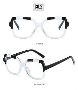 Detailed views of black and clear contrast square oversized blue light glasses frame