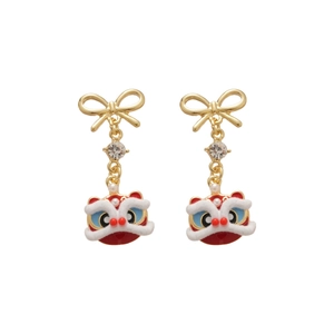 Elegant Chinese style lion head earrings with gold bowknot and white pearls