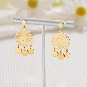Dreamcatcher Tassel Dangle Earrings Stainless Steel Earring Post Hollow Round Geometric Gold Plated Bohemian Style Women