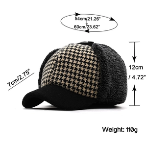 Plaid winter baseball cap with gray fleece earflaps and dimensions for outdoor warmth