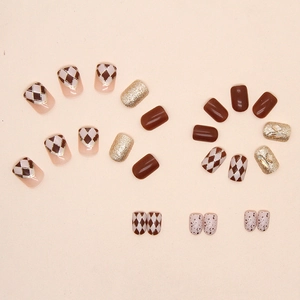Brown plaid and gold glitter press-on nails set with diamond accents and short square shape