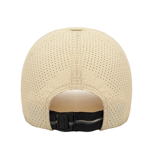 Khaki breathable baseball cap with laser-cut holes and black adjustable back strap buckle
