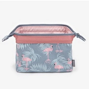 Pink flamingo and tropical leaf print canvas makeup bag with large capacity storage