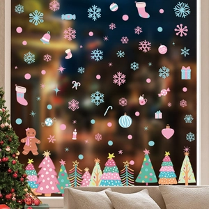 Rosa und blaue Weihnachtsbaum Fensteraufkleber mit Schneeflocken für festliches Dekor