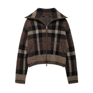 Women Plaid Knit Jacket Vintage Lapel Collar Zip Up Crop Cardigan Soft Plush Long Sleeve Casual Chic Outerwear