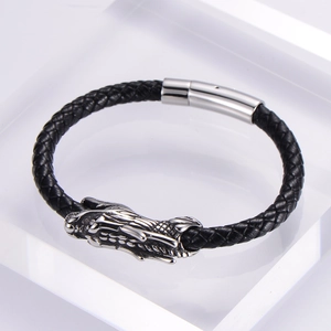 Pulsera vintage para hombre de cuero trenzado negro con cierre de cabeza de dragón plata