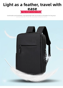 Ultralight black travel backpack weighing only 0.50KG shown with floating feathers