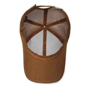 Internal structure of brown mesh baseball cap with FDMY logo straps and metal buckle