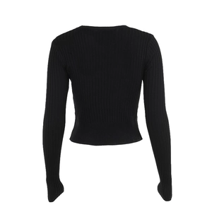 Back view detail of black slim fit ribbed knit cardigan with vertical stripes