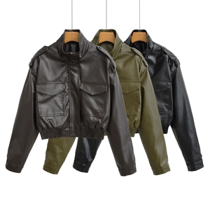 Women Faux Leather Jacket Stand Collar Zip Up Moto Bomber Coat With Epaulets And Large Pockets Cargo Style Streetwear
