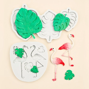Silicone fondant mold set with tropical monstera leaf and flamingo designs for cakes