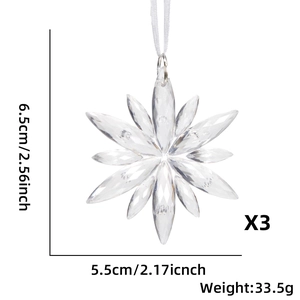 Detail of 3-pack transparent snowflake ornaments with 6.5x5.5cm size and 33.5g weight