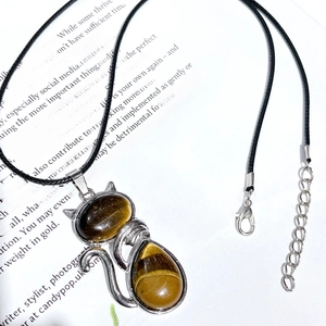 Detailed view of silver cat pendant with tiger eye stone on black leather cord