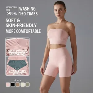 Women Seamless High Waist Pleated Tube Top And Biker Shorts Top And Bottom Quick Dry Slim Fit Fitness Yoga Gym Workout Wear