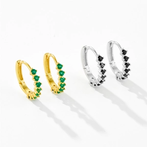 S925 Sterling Silver hoop earrings with green and black cubic zirconia in gold and silver