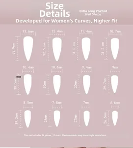 Size chart for 24pcs long stiletto press-on nails showing 12 different width measurements