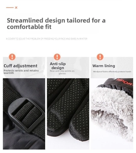 Close-up of windproof cuffs with buckles, anti-slip palm, and thick fleece lining on gloves