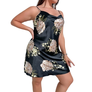Plus size floral satin nightgown for women with black silk texture and V-neck straps