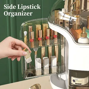 Grüner Kosmetik-Organizer mit transparenter Haube und seitlichem Fach für Lippenstifte