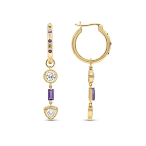 Detailed view of S925 silver gold-plated earrings with purple amethyst and zircon charms