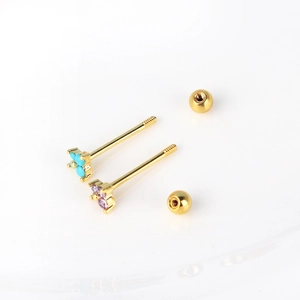 Floral stainless steel ear studs with colorful zircon and secure screw-back ball closure