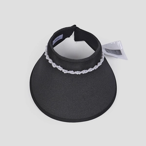 Dettaglio della visiera nera con trama intrecciata e perle bianche decorative