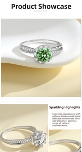Macro detail of S925 silver ring featuring 1-carat green emerald-cut moissanite halo setting