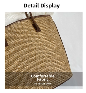 Close-up of woven straw texture and premium brown leather handle detail on tote bag