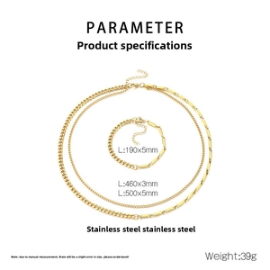 Detailed size specifications for gold stainless steel necklace and bracelet jewelry set