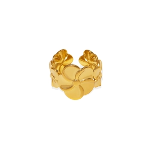 Polished gold plumeria flower open ring featuring minimalist floral design for women