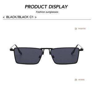 Detailed views of square metal sunglasses with black frames and UV protective lenses