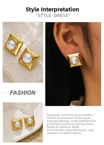 Detail of square gold earrings with white pearl inlay and vacuum plating on stainless steel