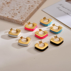 Geometric C-Shaped Stud Earrings Stainless Steel Gold Plated Colorful Enamel Minimalist Fashion Jewelry For Women