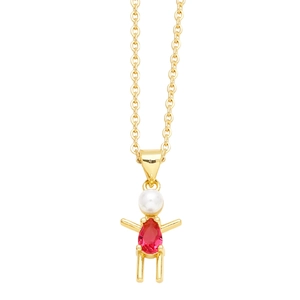 Gold mother necklace with boy girl pendant featuring white pearl and red zircon