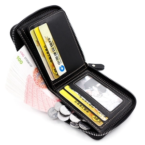 Men's tri-fold leather zipper wallet with coin pocket and multiple card slots