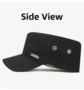 Detail of black cotton cadet cap featuring metal eyelets and outdoor style logo plates